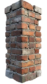 Weathered red brick corner column stands under bright light