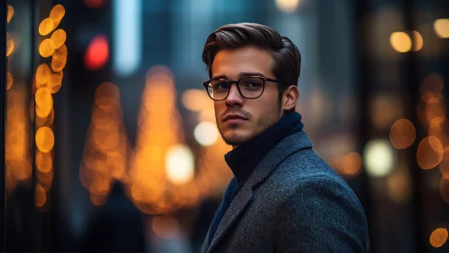 Male subject in shallow-depth city portrait with bokeh lights