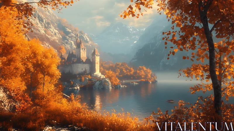 Medieval lakeside castle glows amid vivid autumn mountains
