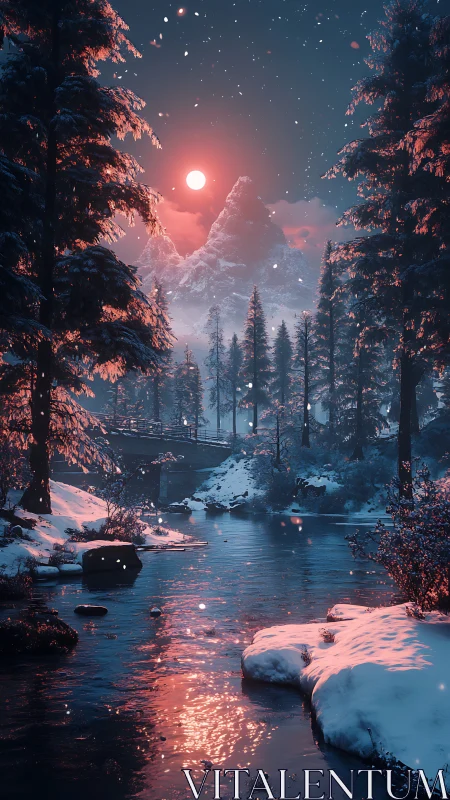 Snow-covered river forest under red moonlit sky at dusk.