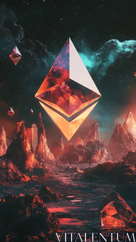 Ethereum crystal monolith over molten sci fi landscape.