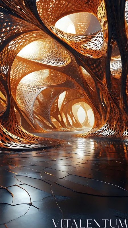 Intricate lattice tunnel forms curve above reflective floor
