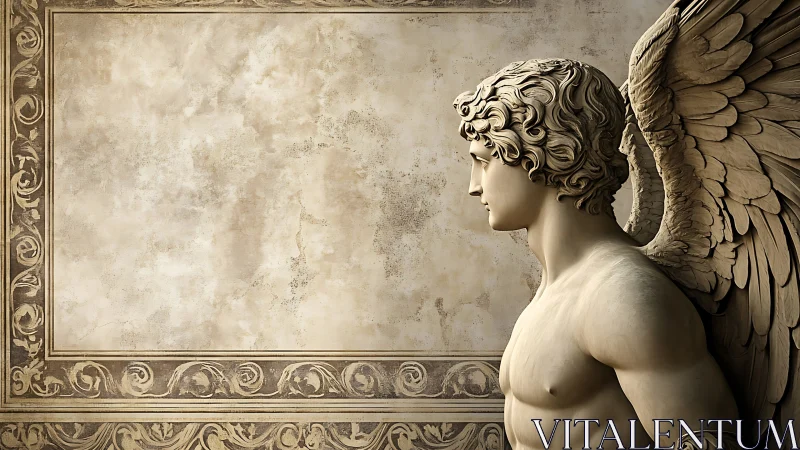 Classical winged statue profile against ornate stone wall.