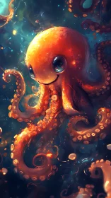 Cartoon orange octopus rendered in glowing underwater scene