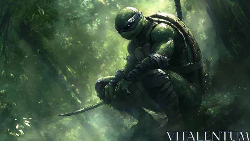 Masked humanoid turtle crouches with blade in forest light
