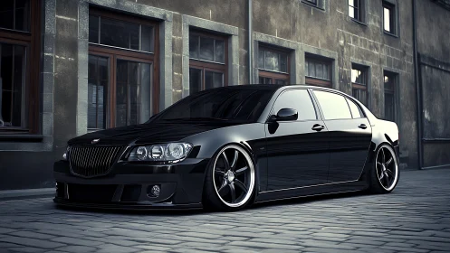 Midnight street sedan crouched low in polished obsidian armor.