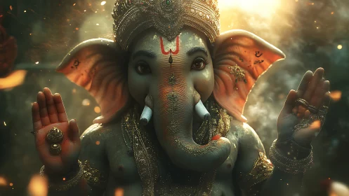 Ganesh-inspired deity in ornate 3D render with smoke.