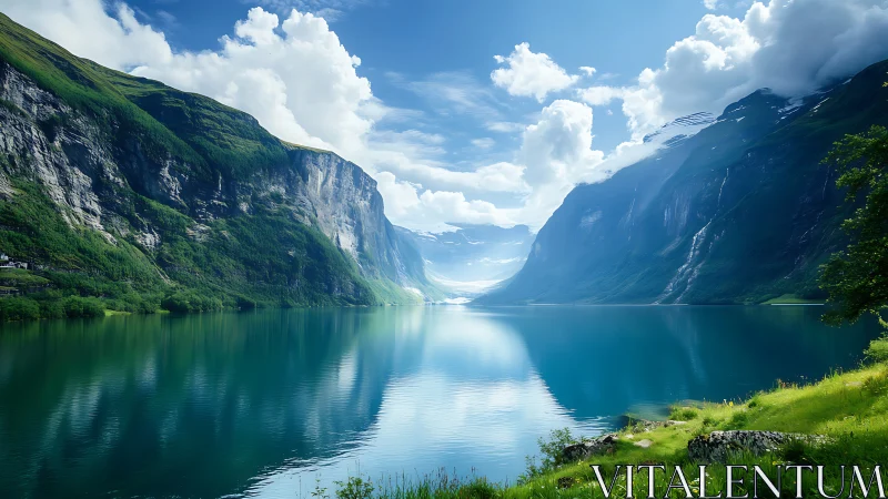 Crystal fjord reflects towering cliffs under bright summer sky.
