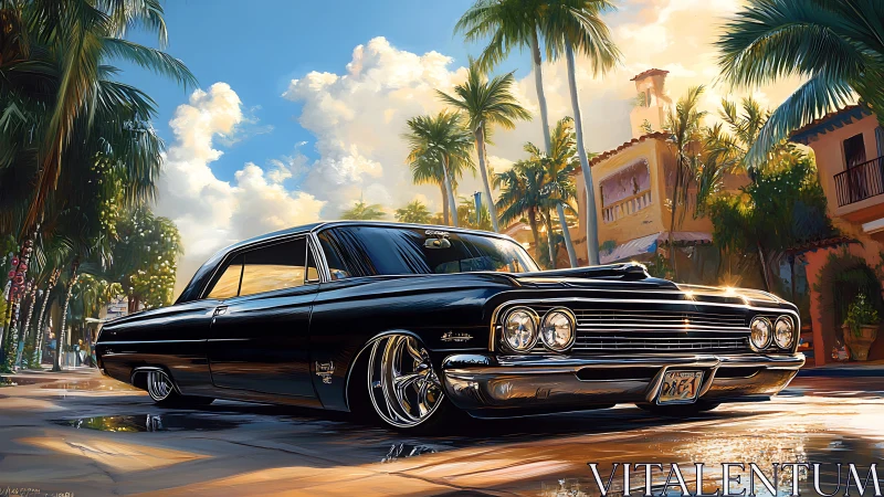 Low-slung black classic sedan under golden tropical sunset light