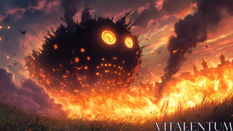 Fiery sky fortress drifting over a blazing twilight meadow.