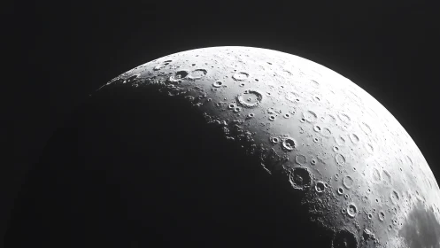 Silver crescent moonrise etched with ancient impact scars.