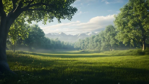 Alpine Valley Landscape Framed by Ancient Trees.
