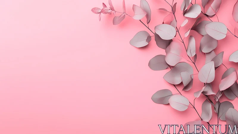 Monochrome eucalyptus foliage arranged on flat pink background