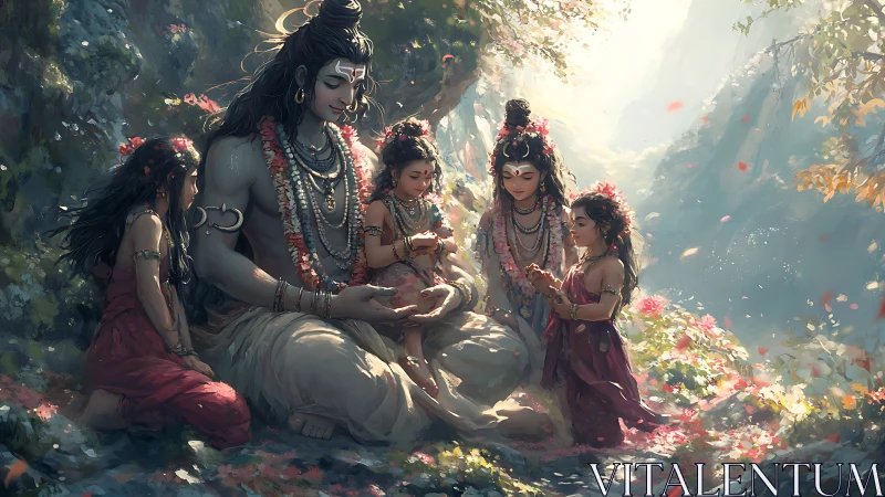 Divine family rendered in luminous Himalayan valley digital painting