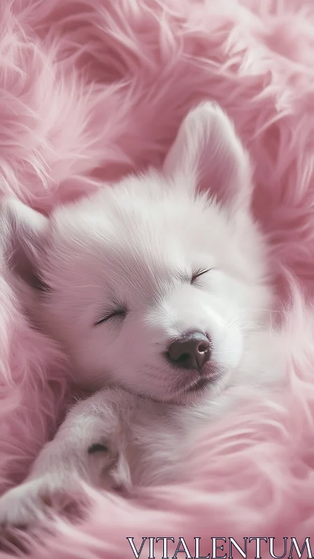 White puppy sleeping on pink fluffy blanket, close-up view.