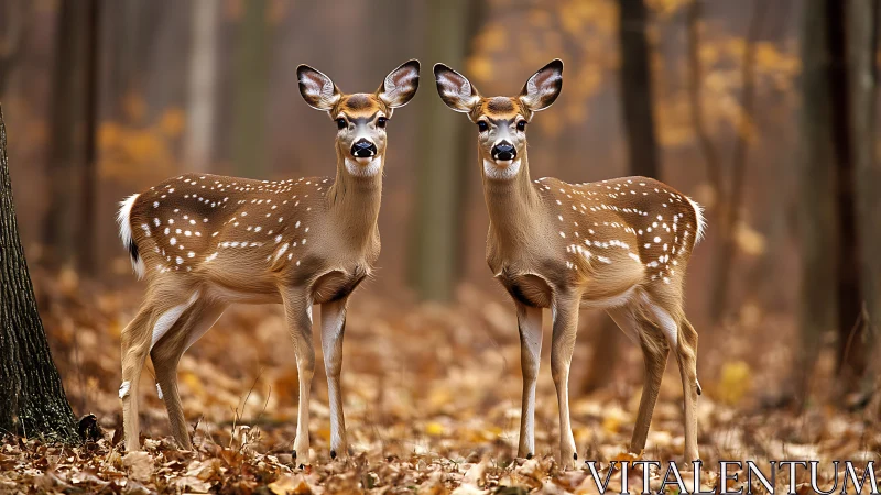 Two young white tailed deer standing in quiet autumn woods.