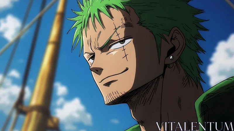 Green-haired swordsman portrait under vibrant sky lighting.