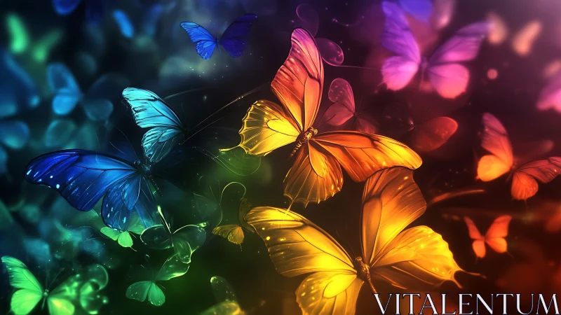 Radiant butterflies drift through a glowing neon twilight dream