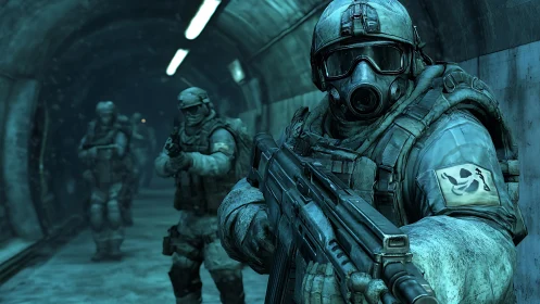 Tactical gas-masked squad advancing through icy tunnel corridor.