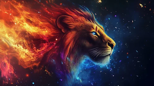 Cosmic fire lion profile with blazing dual-color mane.