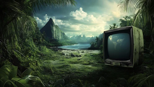 Old television rests on lush tropical beach under clouds