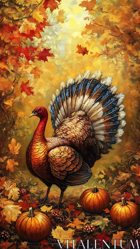 Turkey with pumpkins in dense autumn foliage scene.
