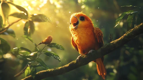 Vibrant orange songbird singing on a sunlit forest branch, digital art.