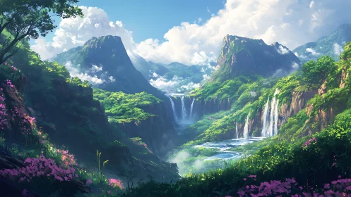 Dreamy emerald valley with misty waterfalls and flowers.