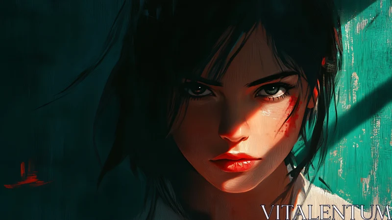 Fierce-eyed heroine caught between shadow and light.