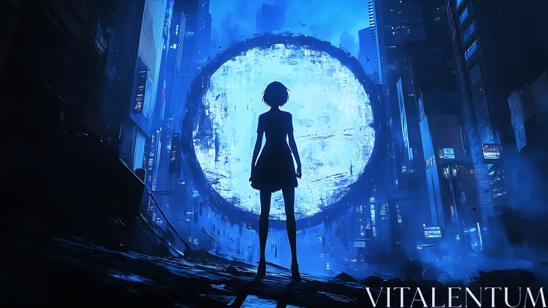 Silhouette before glowing portal in neon cyberpunk city.