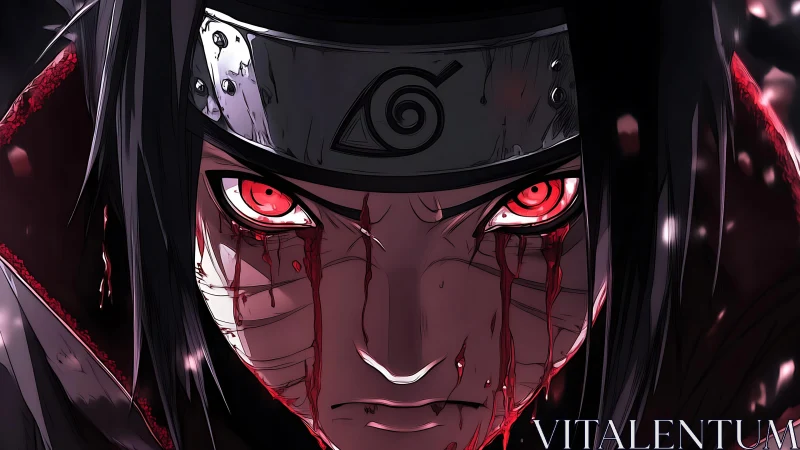 Intense red-eyed warrior bleeds under metallic ninja headband