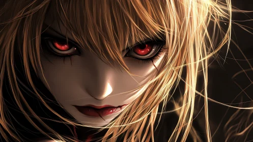 Crimson-eyed anime antihero under wild golden strands.