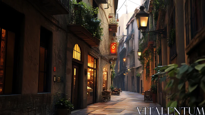 Sunlit European alleyway glows with warm evening cafes.