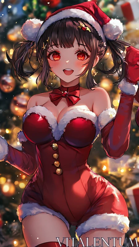 Festive anime girl sparkles in playful Santa cosplay glow.