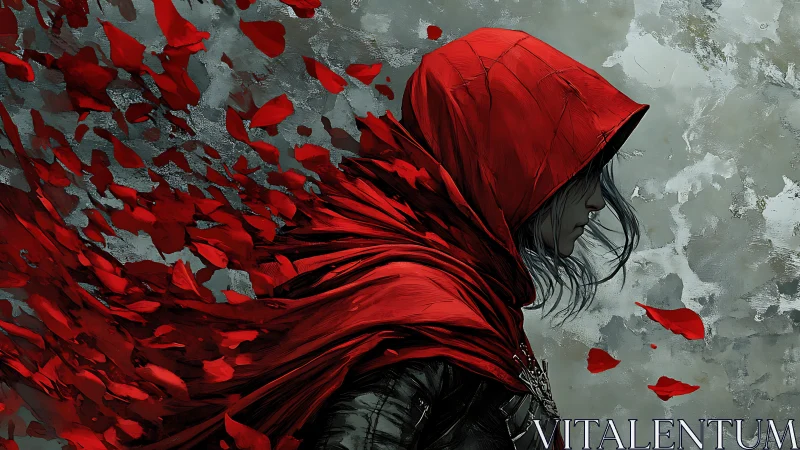 Red-hooded figure strides through fragmented crimson cloak motion
