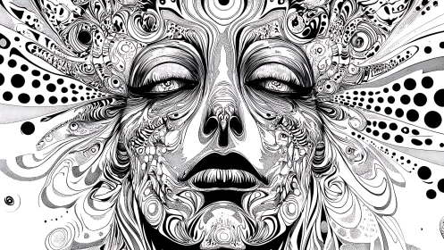 Ink-bloomed cosmic visage swirling in monochrome reverie.