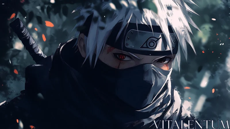 Anime shinobi portrait with dramatic lighting and foliage framing.