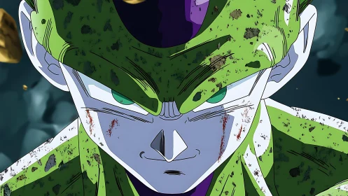 Battle-damaged green bio-android portrait with cel-shaded lighting