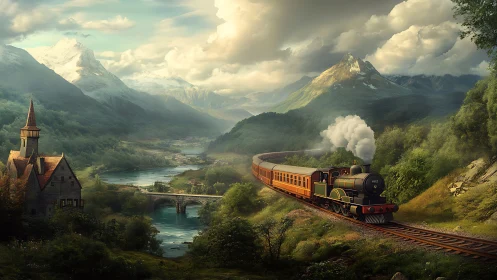Steam train curves through sunlit alpine valley landscape