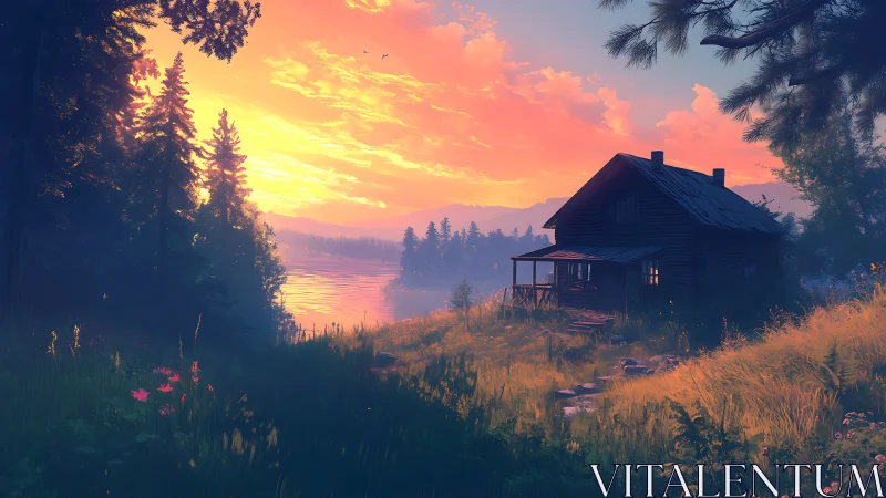 Lakeside timber cabin at golden hour under luminous sky