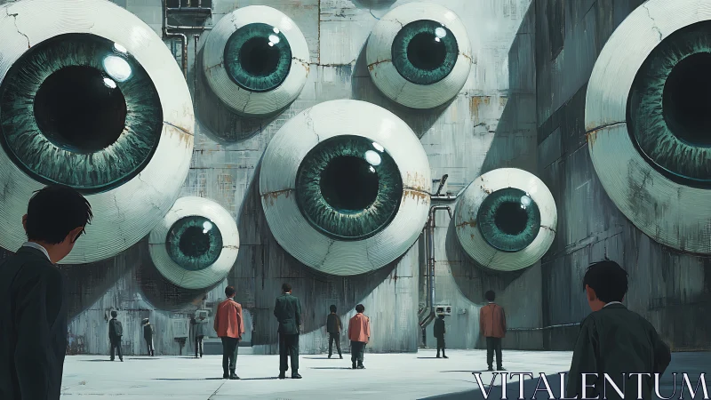Monolithic surveillance courtyard with colossal mechanical eyes