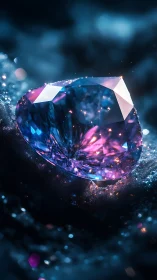 Macro gemstone closeup with neon bokeh and refracted caustics