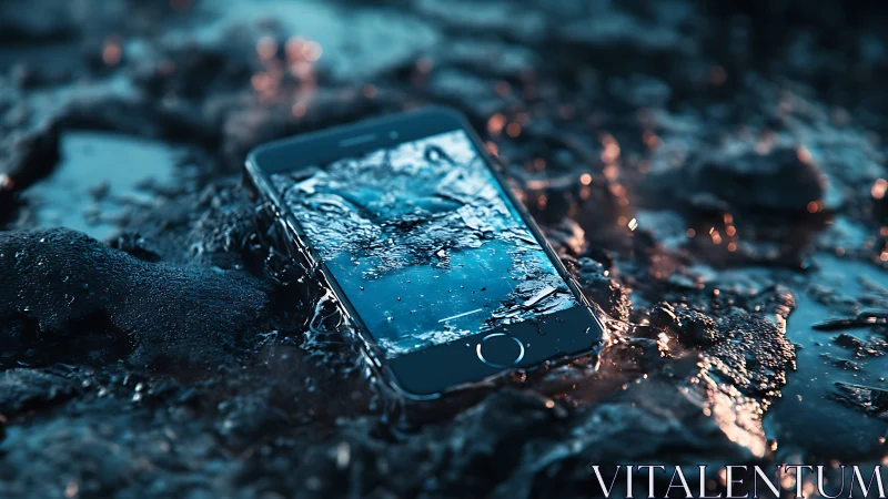 Smartphone partially submerged in shallow reflective water.