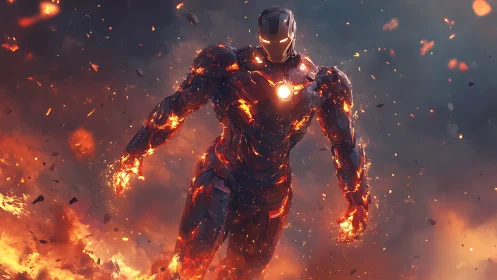 Armored fire warrior strides through molten battlefield