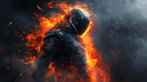 Armored humanoid figure engulfed in intense surrounding fire.