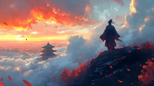 Samurai above the clouds at blazing sunset horizon.