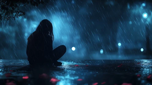 Solitary figure seated in blue night rain under glowing streetlights.