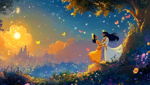 Magical Kingdom Night: Two Figures in Enchanted Garden