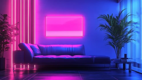 Neon magenta and cyan lit modern lounge with leather sofa