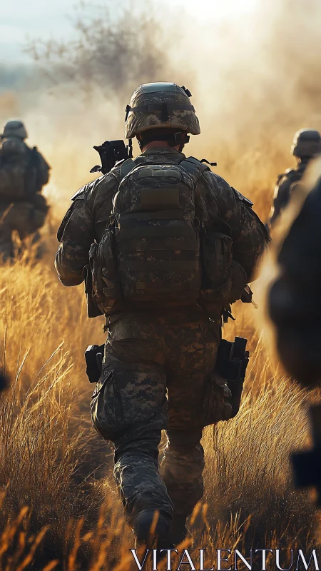Soldiers advance through sunlit grassland combat zone.